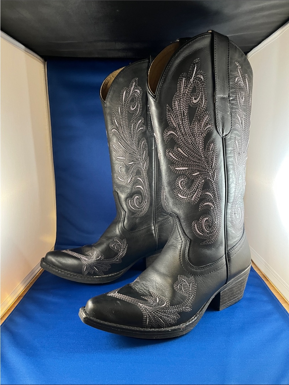 Black Embroidered Western Heeled Boots - Women